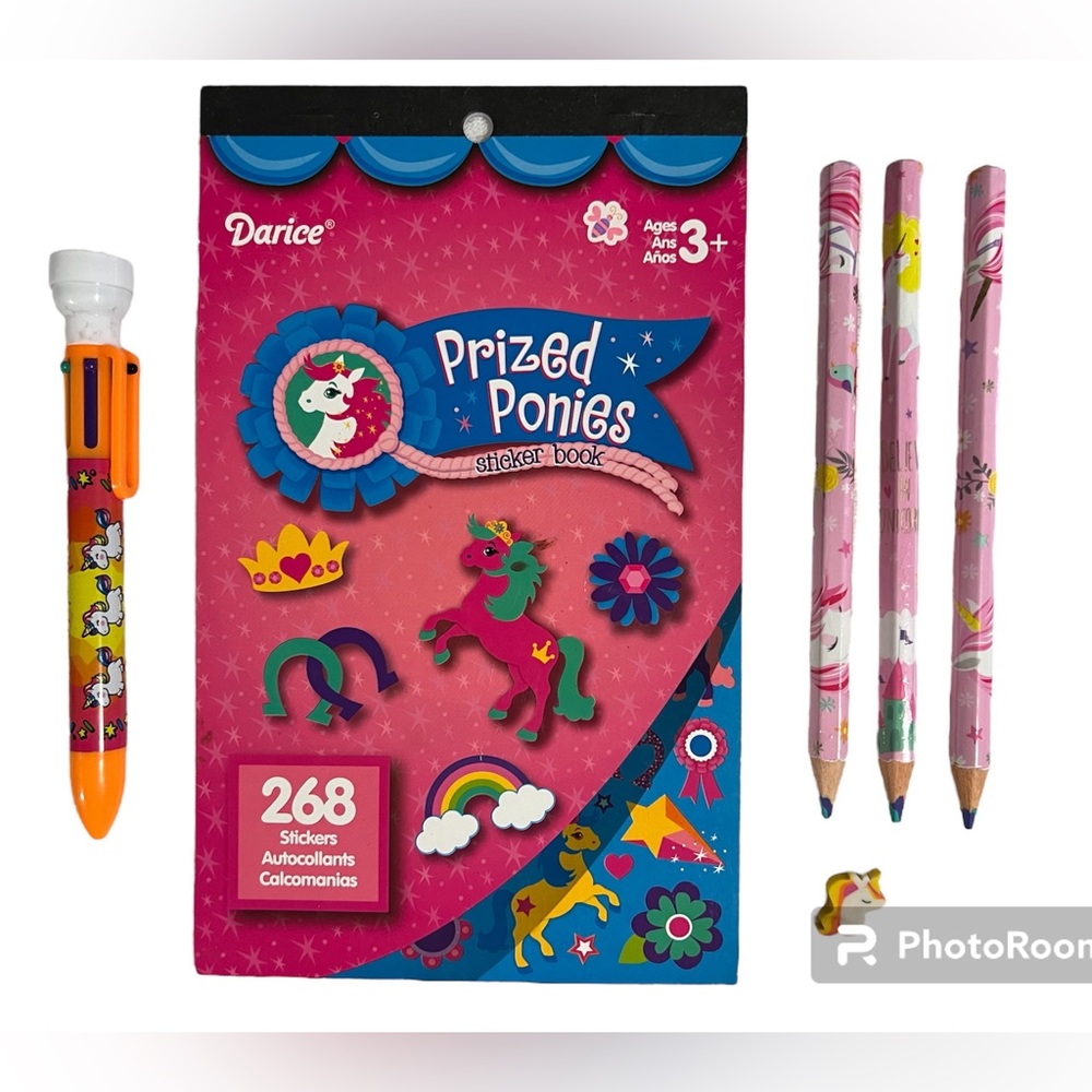 Unicorn/Pony Lot: Stickers, Pen, Colored Pencils & Eraser